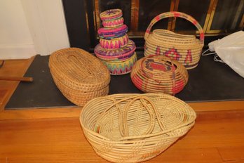 -Assortment Of Colorful Woven Baskets  7 Pieces