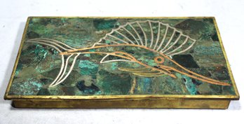 MCM Mid Century Table Box Mexican Mixed Metals Sterling, Brass, Copper Turquoise Sword Fish