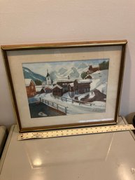 Vintage Signed Watercolor Painting, Mountain Village