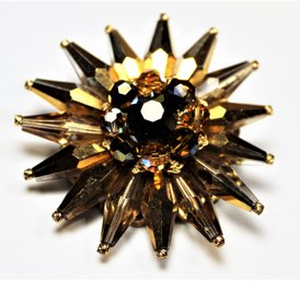 Aurora Borealis Rhinestone Round Sunburst Brooch Gold Tone