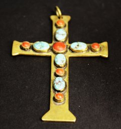 Signed Turquoise And Coral Gilt Brass Cross Pendant Vintage