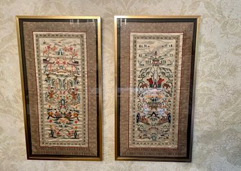 Pair Of Vintage Asian Embroidered Silk Fabric Panels, Custom Framed