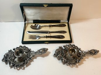 Inox Cutlery Set With A Pair Of Victorian Style Candle Holders