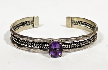 Fine Sterling Silver Cuff Bracelet Having Genuine Amethyst Stone