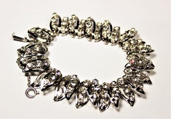 Vintage 1960s White Rhinestone Link Bracelet Silver Tone