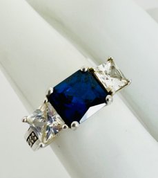 PRETTY STERLING SILVER BLUE GEMSTONE AND WHITE STONE RING
