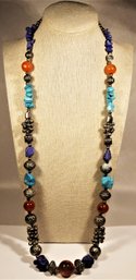 Genuine Semi-precious Stone Beaded Necklace Silver Tone Spacers 28' Long