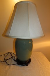 -Jade Green Ceramic Lamp With White Shade On Wood Base.  Has Matching Ceramic Finial:  19 Tall With Shade, S