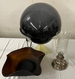 Artist Bowl, Fiber Optic Lamp, And Silver Plate Hurricane Lamp