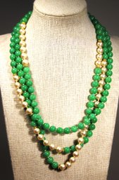 Vintage Joseph Mazer Jadeite Faux Pearl Gold Tone Beaded Necklace