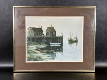 A Landscape Print, Dock & Boats, Herman Latham Kent, Pencil-Signed