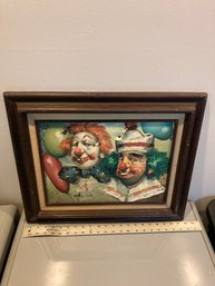 Mid Century Oil Painting Of Two Clowns