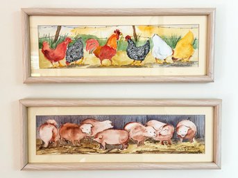 A Pair Of Vintage Watercolors - Chickens And Pigs - By Juanita Courtney