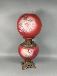 Antique Late 1800s Gone With The Wind Style  Hand Painted Floral Double Globe Lamp
