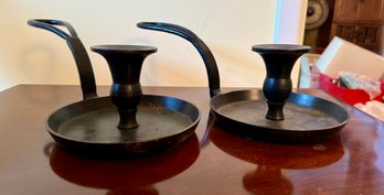 Pair Of Cast Iron Candleholders With Handle