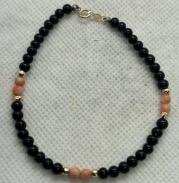 Onyx, Angel Skin Coral And 14K GOLD Beaded Bracelet