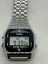 Never Worn CASIO DIGITAL MEN'S WATCH- All Stainless With Inset Diamonds