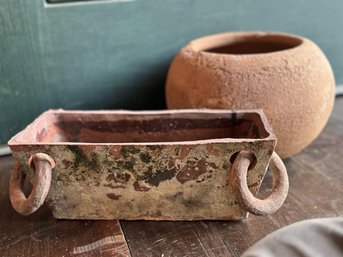 Vintage Rustic French Terracotta Cache Pot With Ring Handles Plus Another