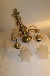 Brass Ceiling Light Fixture With 5 Opaque Glass Fluted Edge Globes (all In Perfect Condition)