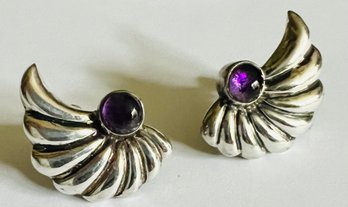 MEXICAN SIGNED JP VINTAGE STERLING SILVER AMETHYST SCREWBACK EARRINGS