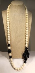 Chinese Fine Hand Carved Black And White Beaded Necklace Having Figural Man Netsuke