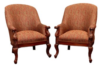 2 Hickory Chair Gondola High Rounded Back Wood Armchairs  With Classic Paisley Upholstery And  Brass Nailheads