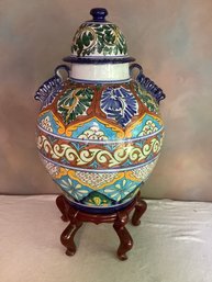 HUGE Talavera Style Hand Painted Ceramic Urn Vase With Stand #1