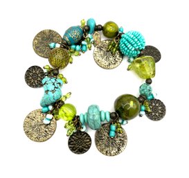 Large Chunky Green And Turquoise Color Beaded Charm Bracelet