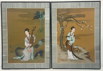 Pair Of Vintage Japanese Mixed Media Textile Art Pieces