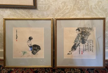 Pair Of Asian Watercolors Of A Girl & Boy, Custom Framed And Matted