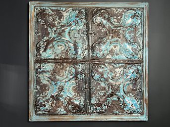 Large Rustic Blue Painted Metal Wall Tile In Wood Frame