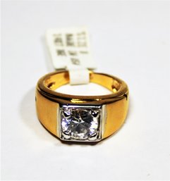 Vintage Gold Plated Men's Ring Having Large CZ White Stone Size 8