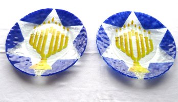 Pair Of Fused Glass Hanukkah Plates