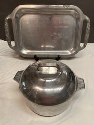 Aluminum Lidded Pot & Tray - Wagner Ware Sidney Magnalite 4248, B & B St. Paul, Minn Molded Ducks On Handles