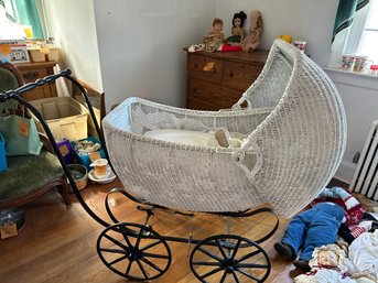 Full Size Antique  Wicker Baby Carriage With Beautiful Baby Doll