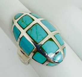 SIGNED STERLING SILVER AND TURQUOISE INLAY OVAL DOMED RING