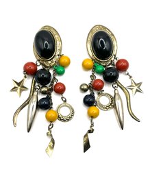 Vintage Large Multi Color Beaded Dangle Earrings