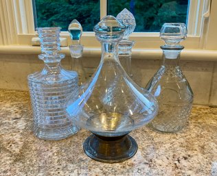 Mid Century Modern Space Age Silver Plated Decanter And 4 Other  Crystal Decanters