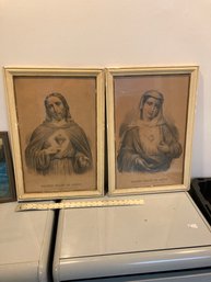 Two Antique Sacred Heart Lithographs  , Jesus , And Mother Mary