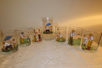-6 Humorous Golf Themed Glasses (4 Tall, 3 Diam) And Matching Pitcher (6.75 Tall)