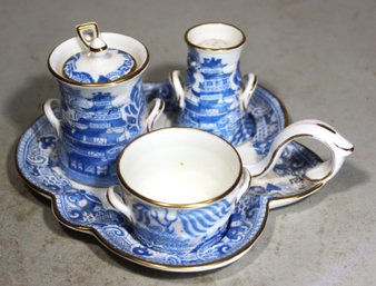 RARE Antique English Bone China Mustard Pot Set Blue Willow Pattern 1850s