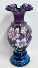 Fenton Hand Painted Art Glass Ruffled Mulberry Vase