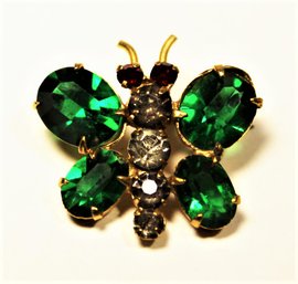 Vintage Green White Rhinestone Gold Tone Butterfly Pin