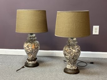 A Pair Of Vintage Glass Ginger Jar Lamps Filled With Natural Seashells