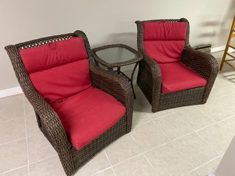 Pair Of Acrylic Faux Wicker Patio Chairs And Matching Glass Top Side Table.