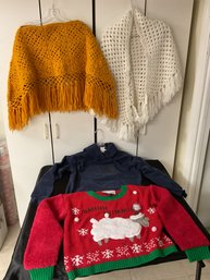 Vintage Crotched Wrap And Poncho, North Face Hoody And Christmas Ugly Sweater