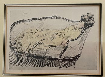 Lovely Early Framed Print Of A Reclining Lady  - Circa 1900