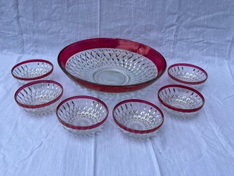 Vintage Indiana Glass Kings Crown Diamond Point Ruby Flash Salad Bowl And 6 Serving Bowls