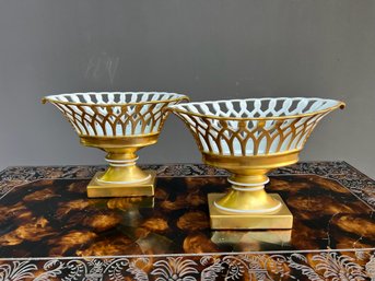 Pair Of Vintage Vista Allegre Lattice Gold Porcelain Urns