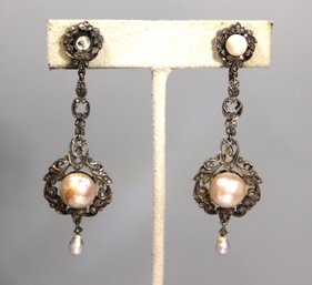 Antique Georgian Gold Silver Large Natural Pearl & Diamond Earrings Ear Pendants